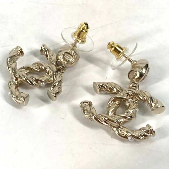 CHANEL CC Logos Twist Rhinestone Pearl Dangle Earrings Gold Tone A23B Auth - Picture 3 of 8